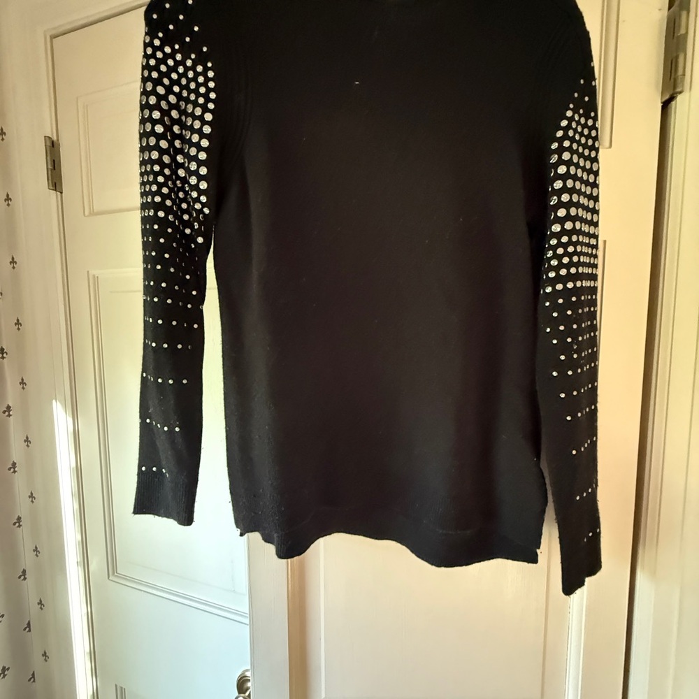 Rebecca Taylor Black Crew Neck Sweater with Patterned Sleeves